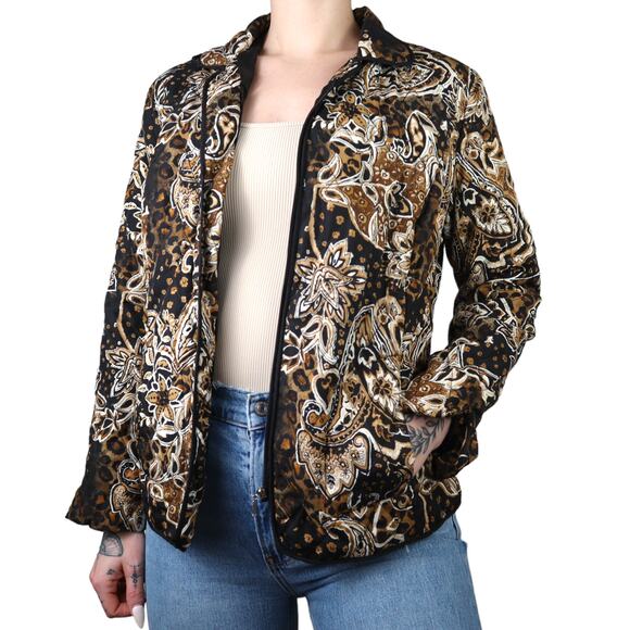 Vintage Quilted Floral Paisley Zip Up Jacket Womens M Black Tan Neutral - Picture 2 of 14